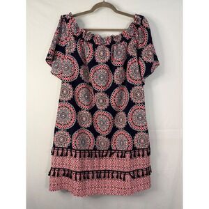 Maggy London Shift Dress Womens 14 Navy Red Mandala Print Tassel Off Shoulder